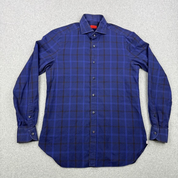 Isaia Napoli Shirt Mens 16 41 Blue Plaid Dress Long Sleeve Cotton Made In Italy